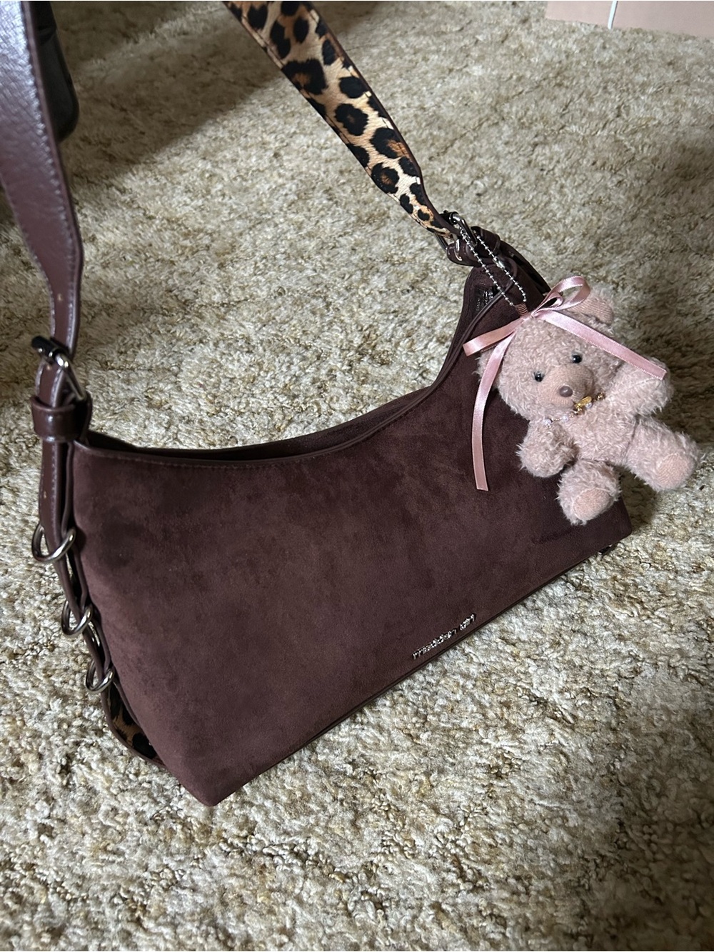 Madden Girl Brown Suede Shoulder Bag with Leopard Strap and Teddy Bear Charm
